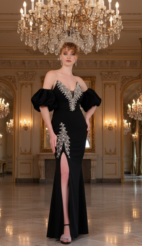 Elegantes Abendkleid mit Puffärmeln & Schmuckdetails
/ C4960