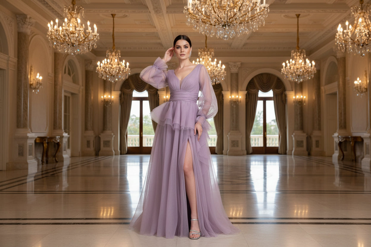 Elegantes Abendkleid mit Volants und Chiffonärmeln / C4916