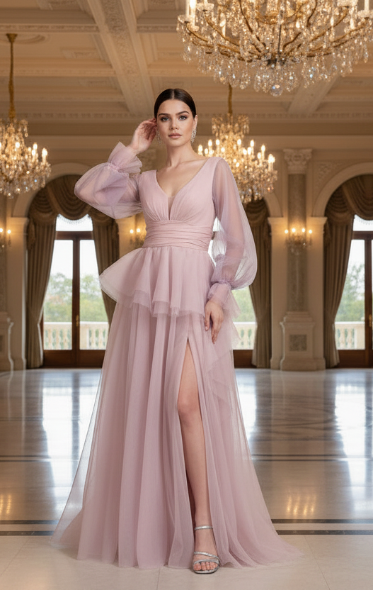 Elegantes Abendkleid mit Volants und Chiffonärmeln / C4916
