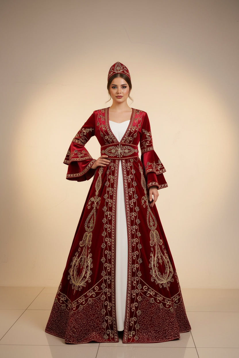 Kaftan „Destan“ – Luxus Bindallı Set in Rot (4-teilig) mit Goldstickerei
