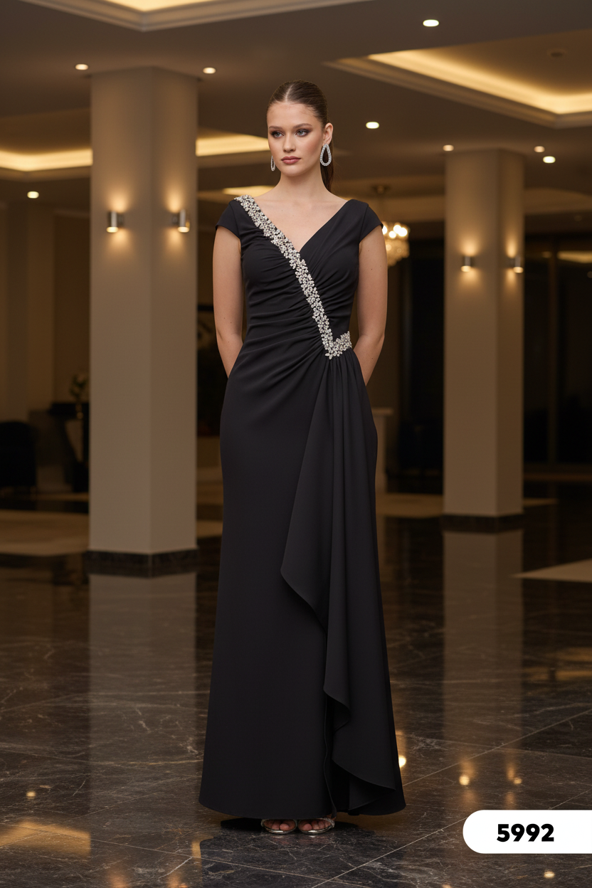 Elegantes Abendkleid mit Drapierung & Schmuckdetail
/ C5992