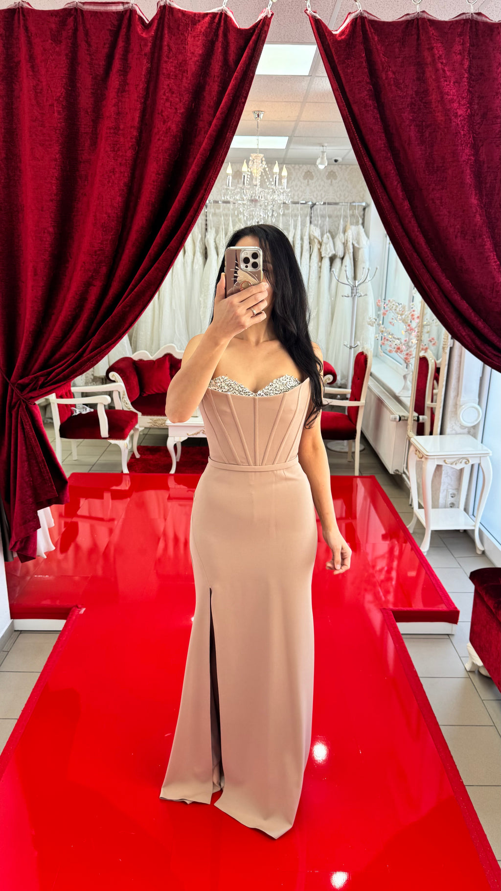 Elegantes Abendkleid mit Corsagenoptik&Glitzerbesatz / C4952