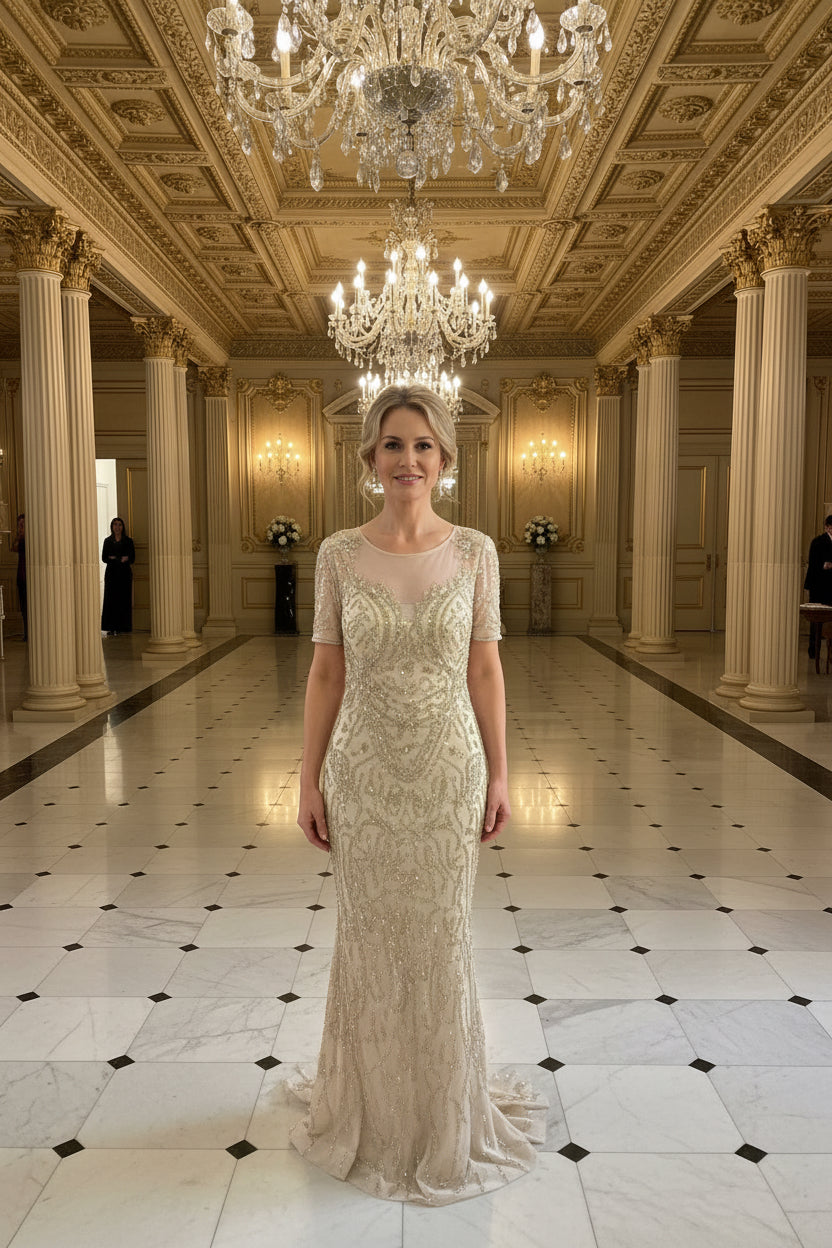 Elegantes Abendkleid mit Allover-Glitzerstickerei / C5929