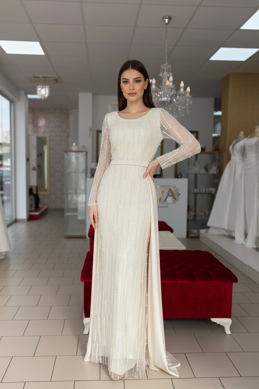 Abendkleid Champagner mit Perlen & Pailletten – Lamia Salzgitter