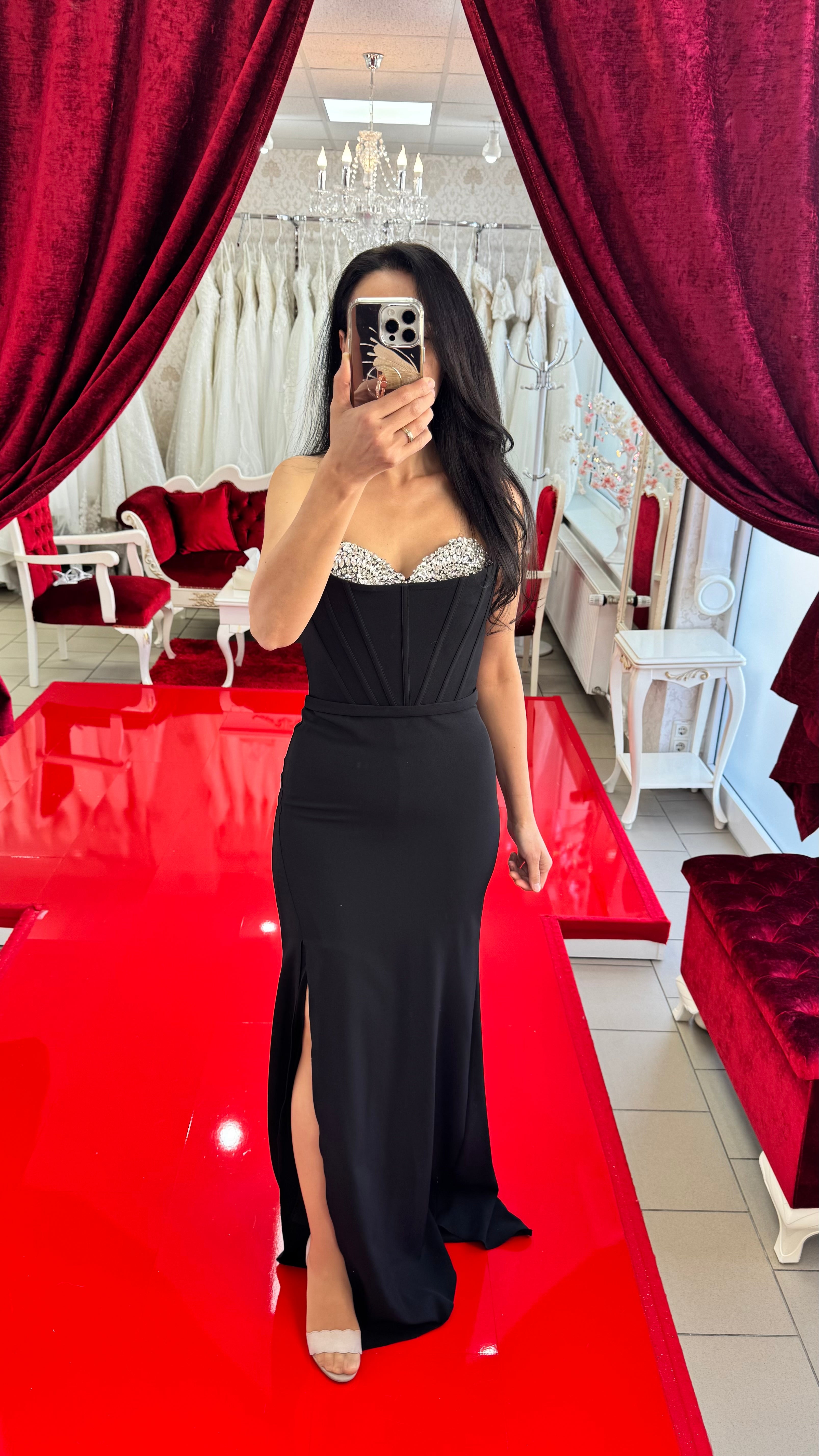 Elegantes Abendkleid mit Corsagenoptik&Glitzerbesatz / C4952