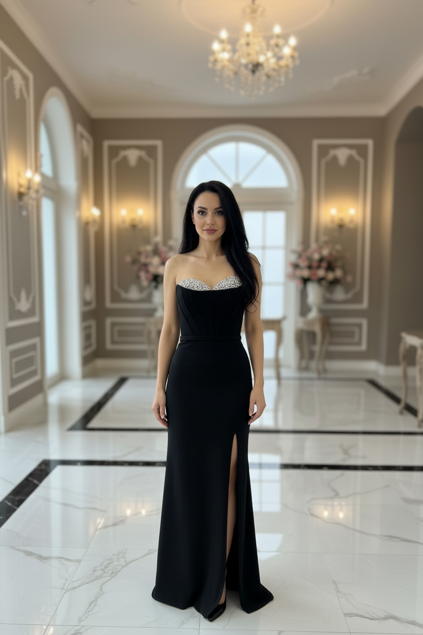 Elegantes Abendkleid mit Corsagenoptik&Glitzerbesatz / C4952