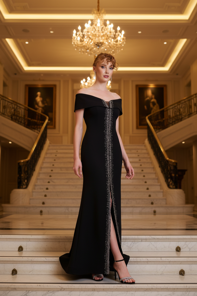 Elegantes Off-Shoulder-Abendkleid mit Strasslinie
/ C5950