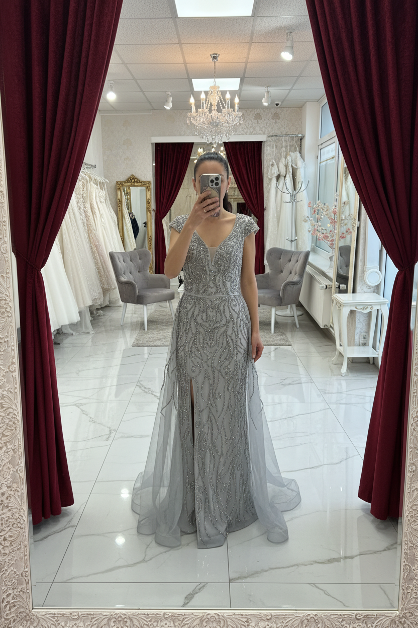 Elegantes Abendkleid mit feiner Stickerei & softem Tüllüberwurf / C4975