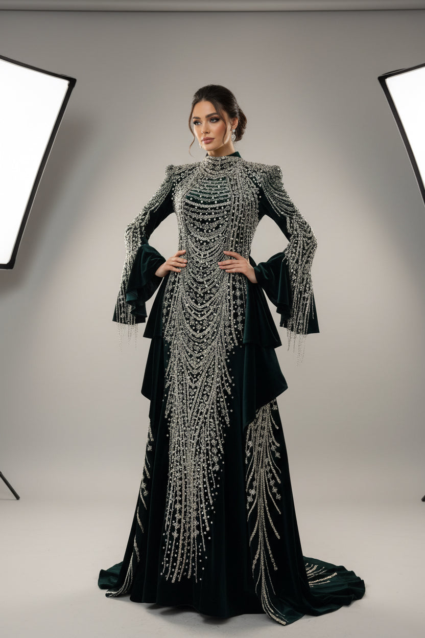 Kaftan „Hürrem“ – Luxus Bindallı in Smaragdgrün mit Kristallbesatz