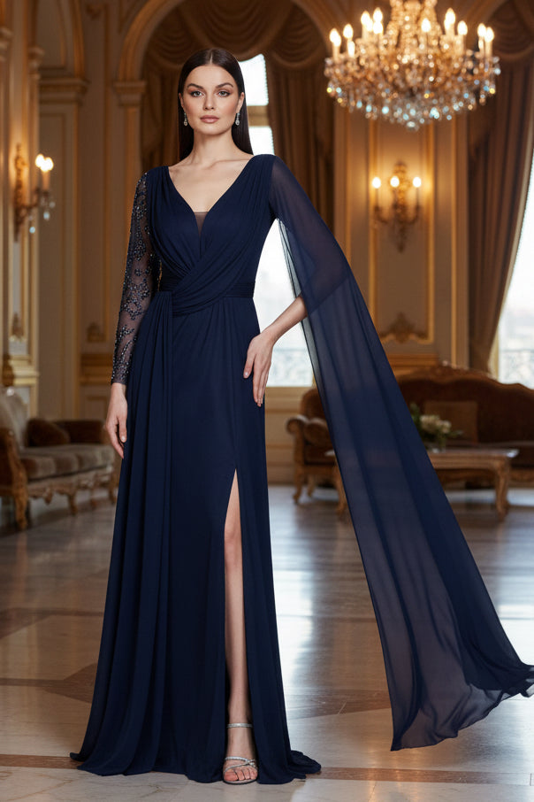 Elegantes Abendkleid mit Drapierung&besticktem Ärmel / C5911