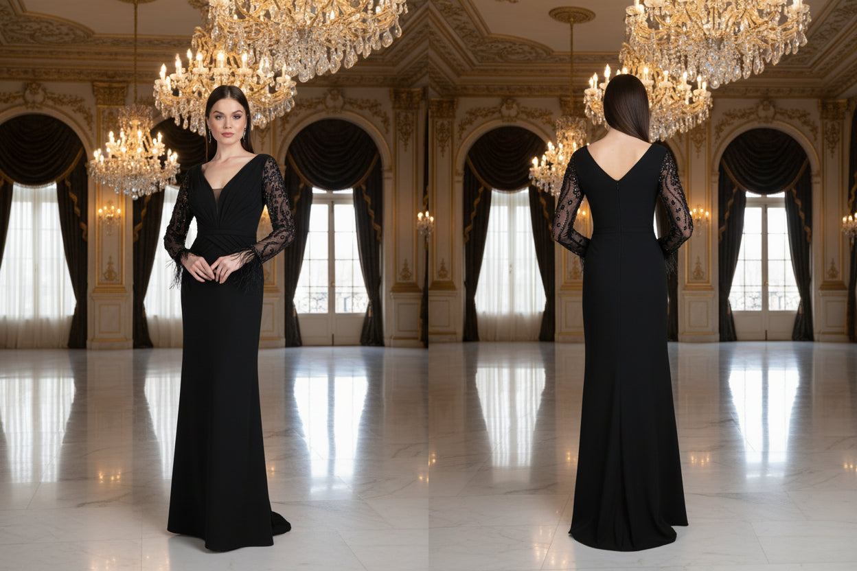 Elegantes Abendkleid mit Spitzenärmeln & Drapierung
/ C5895