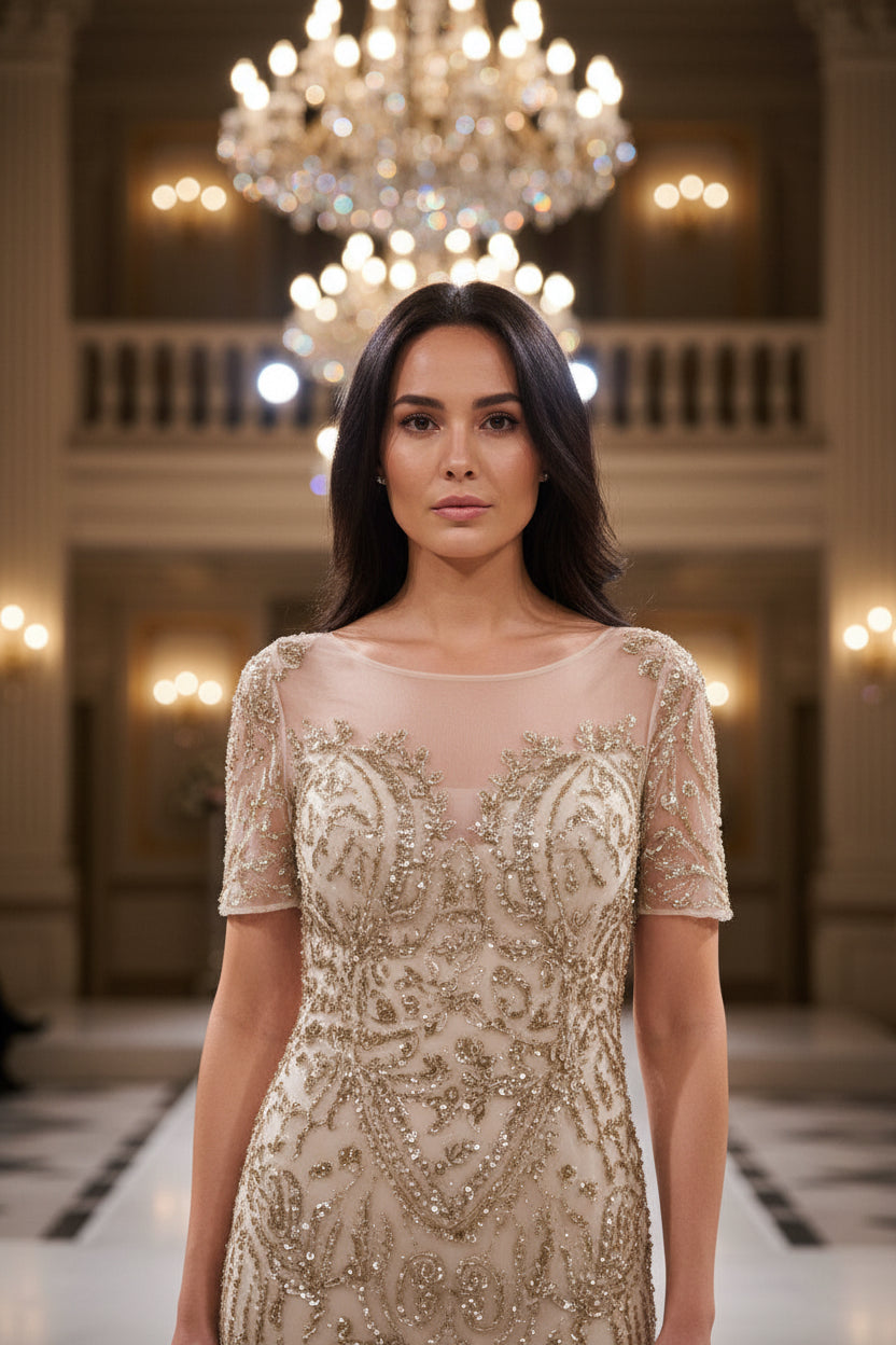 Elegantes Abendkleid mit Allover-Glitzerstickerei / C5929