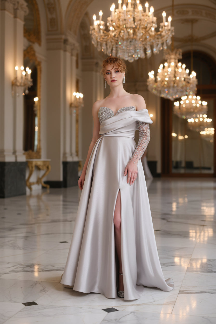 Elegantes Abendkleid mit One-Shoulder-Detail & Glanzakzenten / C4981