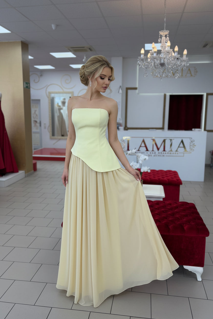 Zweiteiliges trägerloses Abendkleid mit Chiffonrock A576