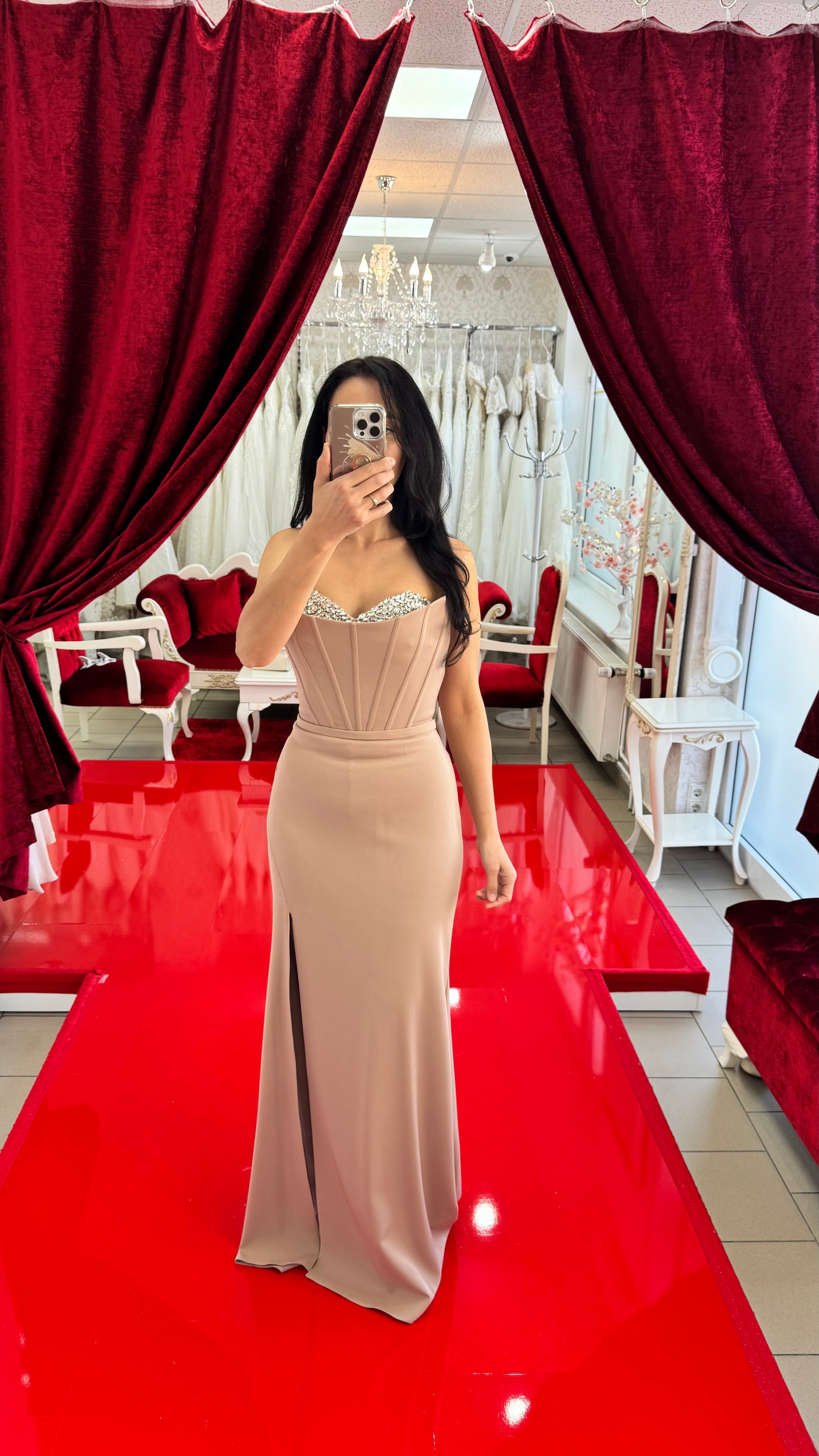 Elegantes Abendkleid mit Corsagenoptik&Glitzerbesatz / C4952