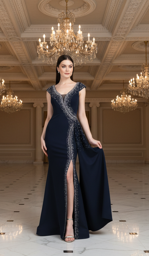 Elegantes Abendkleid mit Beinschlitz & Schmuckapplikation / C5914