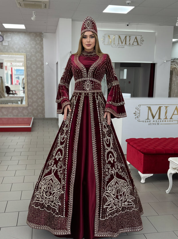 Kaftan „Sultan“ – Luxus Bindallı in Bordeaux mit Goldstickerei 4- Teilig